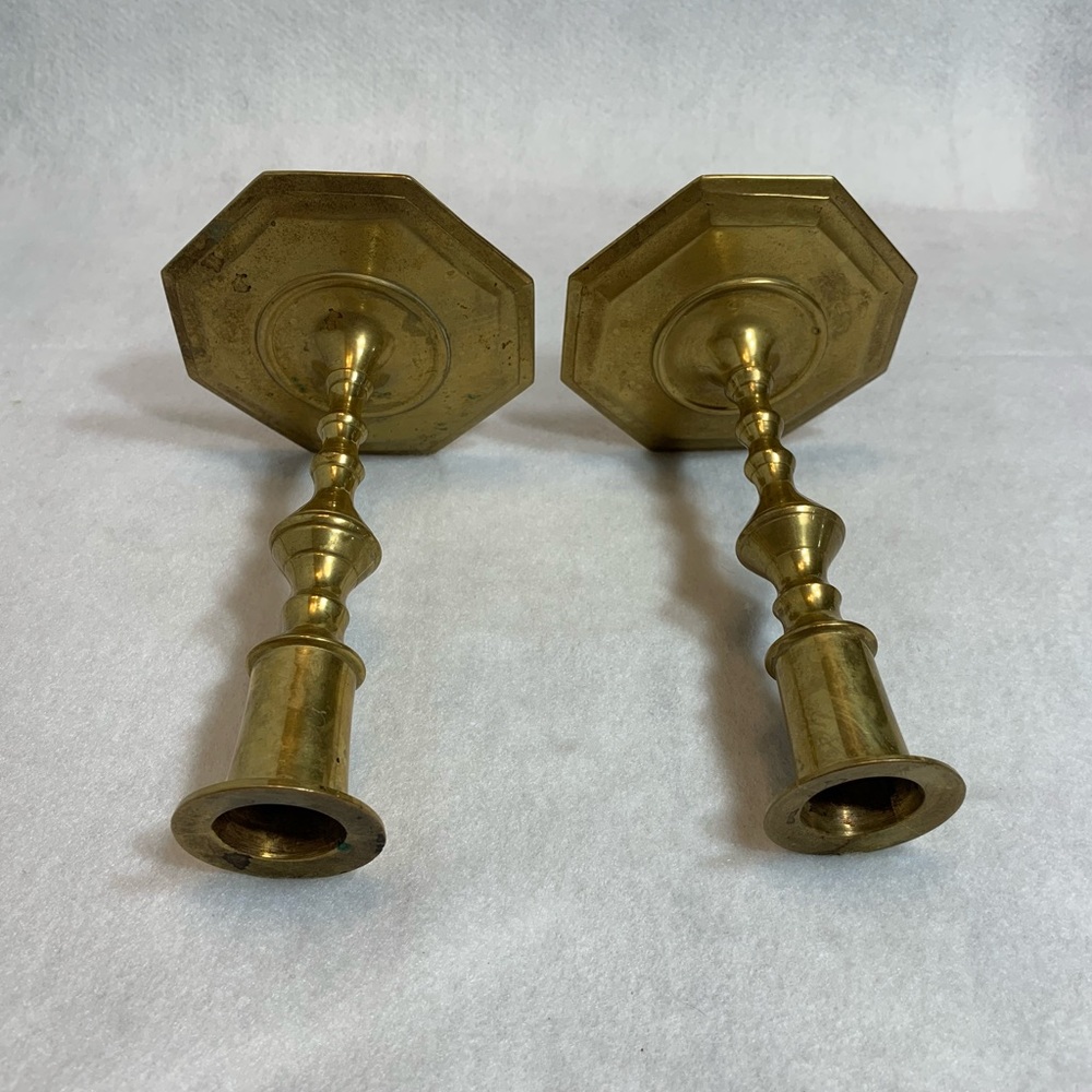 Solid Brass Candlestick Octagon Base Old Surface - Picture 3 of 4